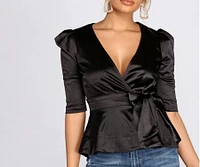 Satin Puff Sleeve Peplum Top