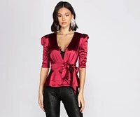 Satin Puff Sleeve Peplum Top