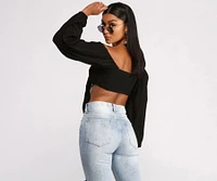 Long Sleeve Gauze Tie Front Crop Top