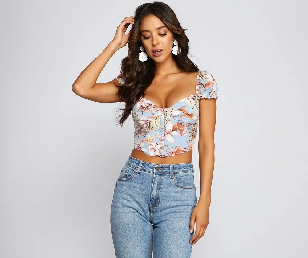 Tropical Dream Puff Sleeve Corset Top