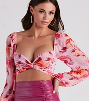 Floral Blooms Chiffon Twist-Front Top