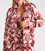 Major Muse Floral Satin Button-Down Top