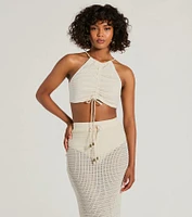 Sunny Chic Halter Ruched Crochet Crop Top