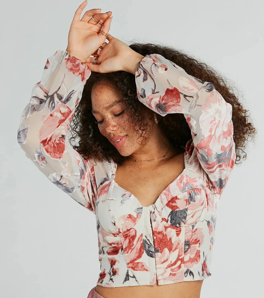 Spring-Chic Long Sleeve Floral Velvet Burnout Blouse