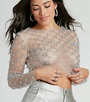 Details Matter Rhinestone Faux Pearl Mesh Crop Top