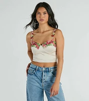 Flourish Style Floral Applique Satin Crop Top