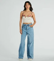 Flourish Style Floral Applique Satin Crop Top