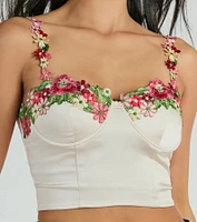 Flourish Style Floral Applique Satin Crop Top