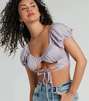 Around Town Puff Sleeve Tie-Front Satin Crop Top