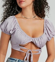 Around Town Puff Sleeve Tie-Front Satin Crop Top