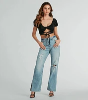 Around Town Puff Sleeve Tie-Front Satin Crop Top