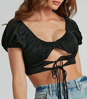 Around Town Puff Sleeve Tie-Front Satin Crop Top