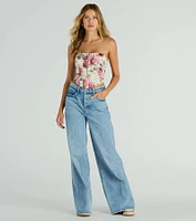 Time To Bloom Satin Floral Lace-Up Corset Top