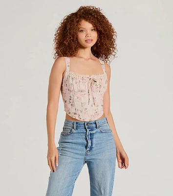 Romantic Look Lace Trim Floral Corset Top