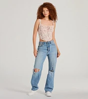 Romantic Look Lace Trim Floral Corset Top