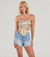 Too Cute Energy Strapless Paisley Satin Crop Top