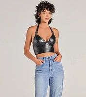 Bold Buckle Halter Strap Faux Leather Crop Top