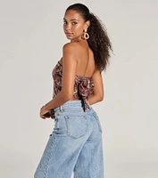 Sangria Sunset Strapless Paisley Satin Crop Top