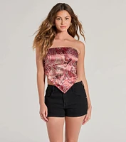 Sangria Sunset Strapless Paisley Satin Crop Top
