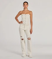 The Cutest Strapless Zip Front Denim Crop Top