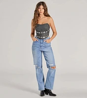 Trendy Chain Trim Faux Leather Corset Top