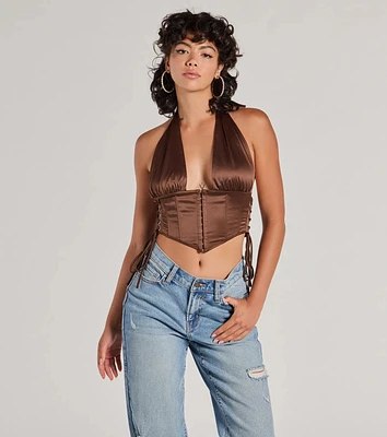 Edgy Luxe Satin Halter Cropped Corset Top
