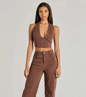 Absolute Edge Halter Grommet Zip-Up Crop Top