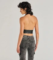 Sultry Muse Buckle Strap Faux Leather Crop Top