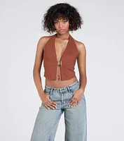 Sultry Trend Buckle Strap Halter Crop Top