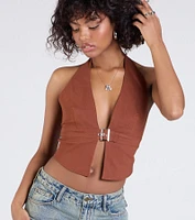 Sultry Trend Buckle Strap Halter Crop Top