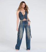 Denim Cutie Halter Lace-Up Crop Top