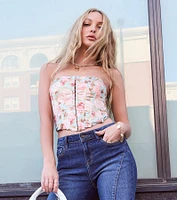 Floral Aesthetic Lace-Up Satin Corset Top