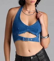 Buckled Babe Halter Denim Crop Top