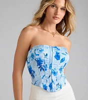 Bold Blooms Lace-Up Floral Satin Corset Top
