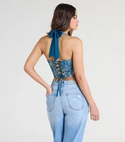 Day By Halter Lace-Up Tapestry Corset Top
