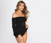 Lace Knit Up Off Shoulder Bodysuit