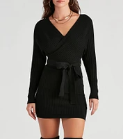 Ribbed Knit Tie-Front Mini Sweater Dress