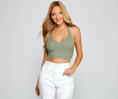 Basic Ribbed Knit Cropped Halter Top