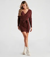 Ribbed Knit Tie-Front Mini Sweater Dress