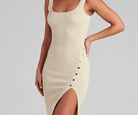 Strut And Snap Ribbed Knit Midi Dress