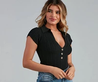 Cute Casual Collared Knit Bodysuit