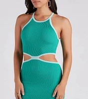 Playful Knit Halter Midi Sweater Dress