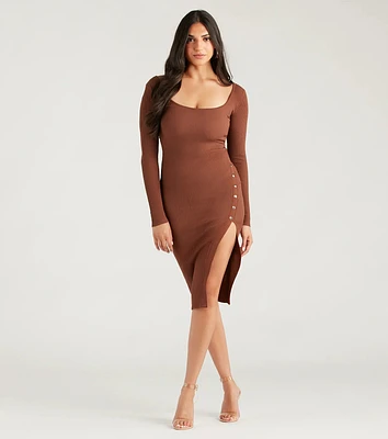 Stylish Snap Button Sweater Midi Dress