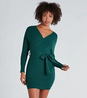 Ribbed Knit Tie-Front Mini Sweater Dress