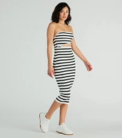 Babe Stripes Strapless Cutout Ribbed Knit Midi Dress