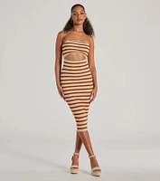 Babe Stripes Strapless Cutout Ribbed Knit Midi Dress