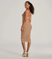 Babe Stripes Strapless Cutout Ribbed Knit Midi Dress