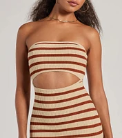 Babe Stripes Strapless Cutout Ribbed Knit Midi Dress