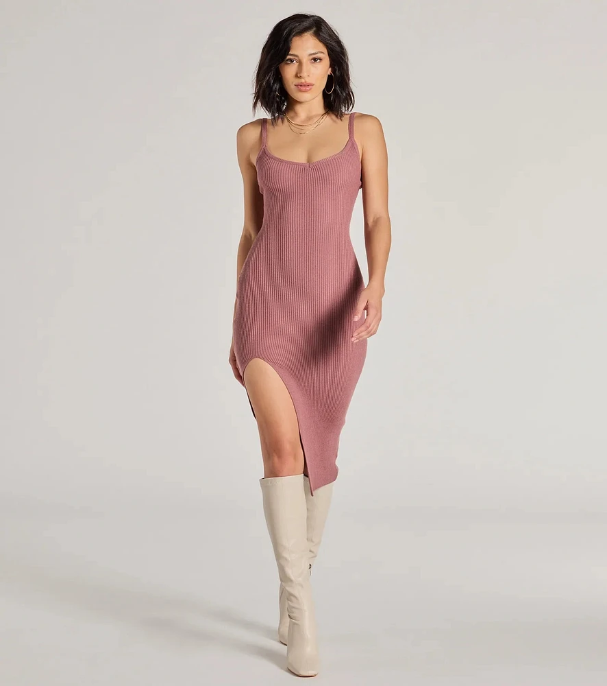 Toasty Sweetheart V-Neck Bodycon Knit Midi Dress