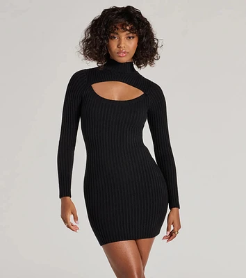 Chic Season Mock Neck Cutout Ribbed Knit Mini Dress